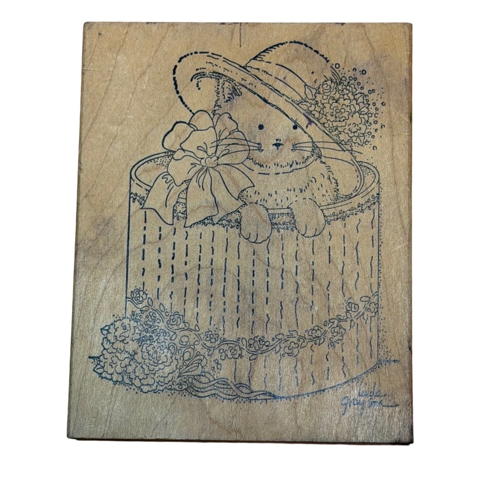Stamps Happen Linda Grayson Cat in Hat Basket Wood Rubber Stamp 80045 Vtg 5x4